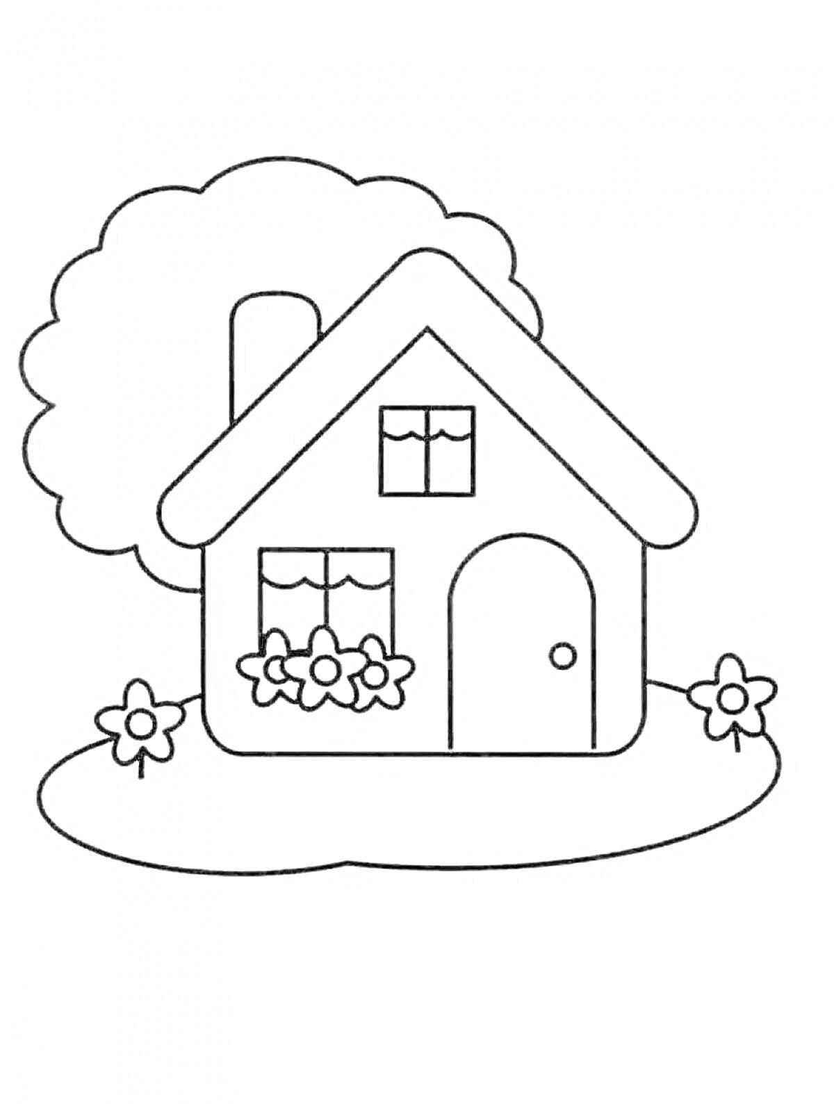 На раскраске изображено: Домик, Цветы, Дверь, Клумба, Для детей, 4-5 лет