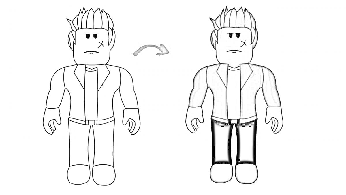 На раскраске изображено: Роблокс, Лицо, Пиджак, Штаны