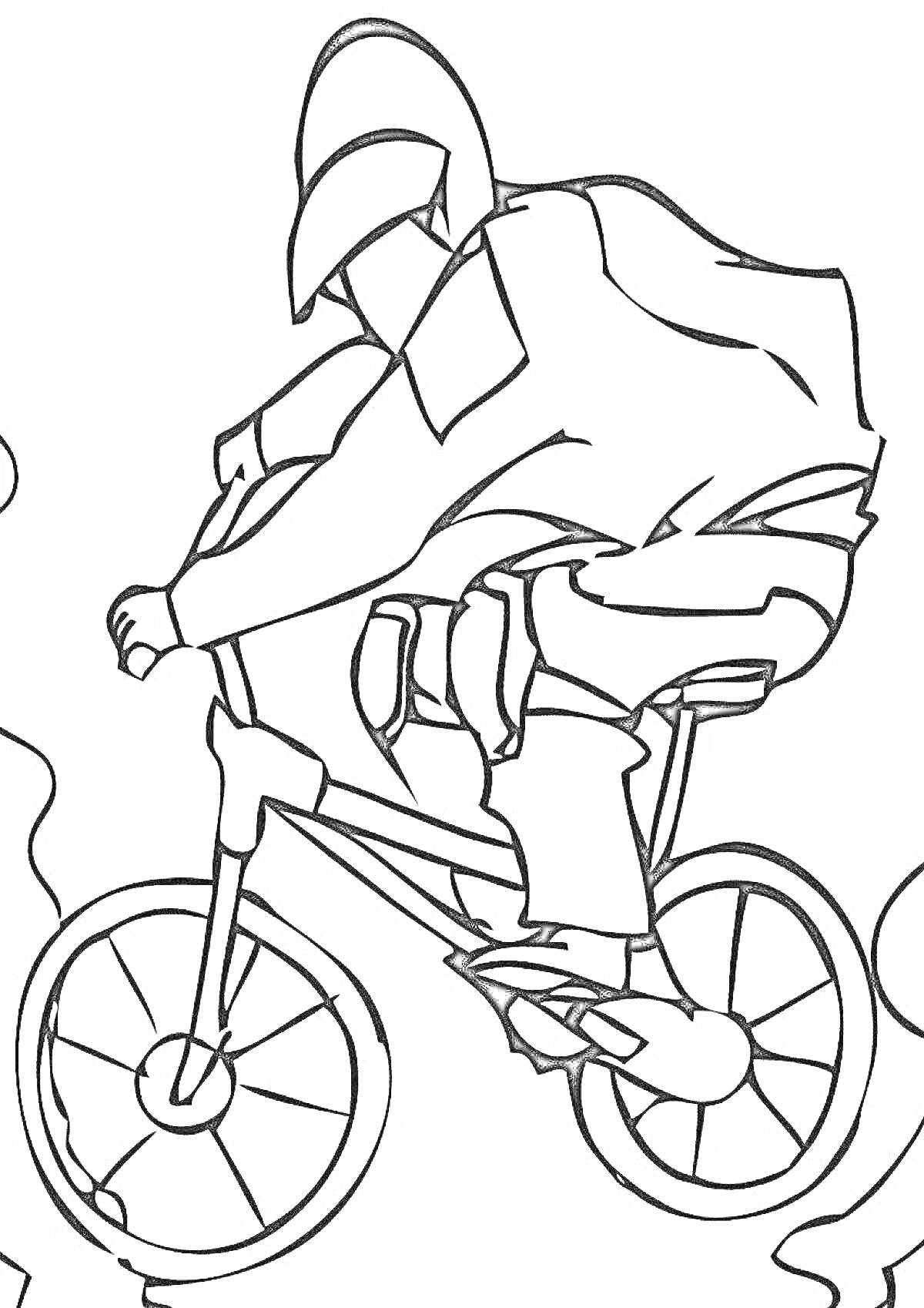 На раскраске изображено: BMX, Велосипед, Трюк, Человек, Спорт, Гонщик, Велосипедист