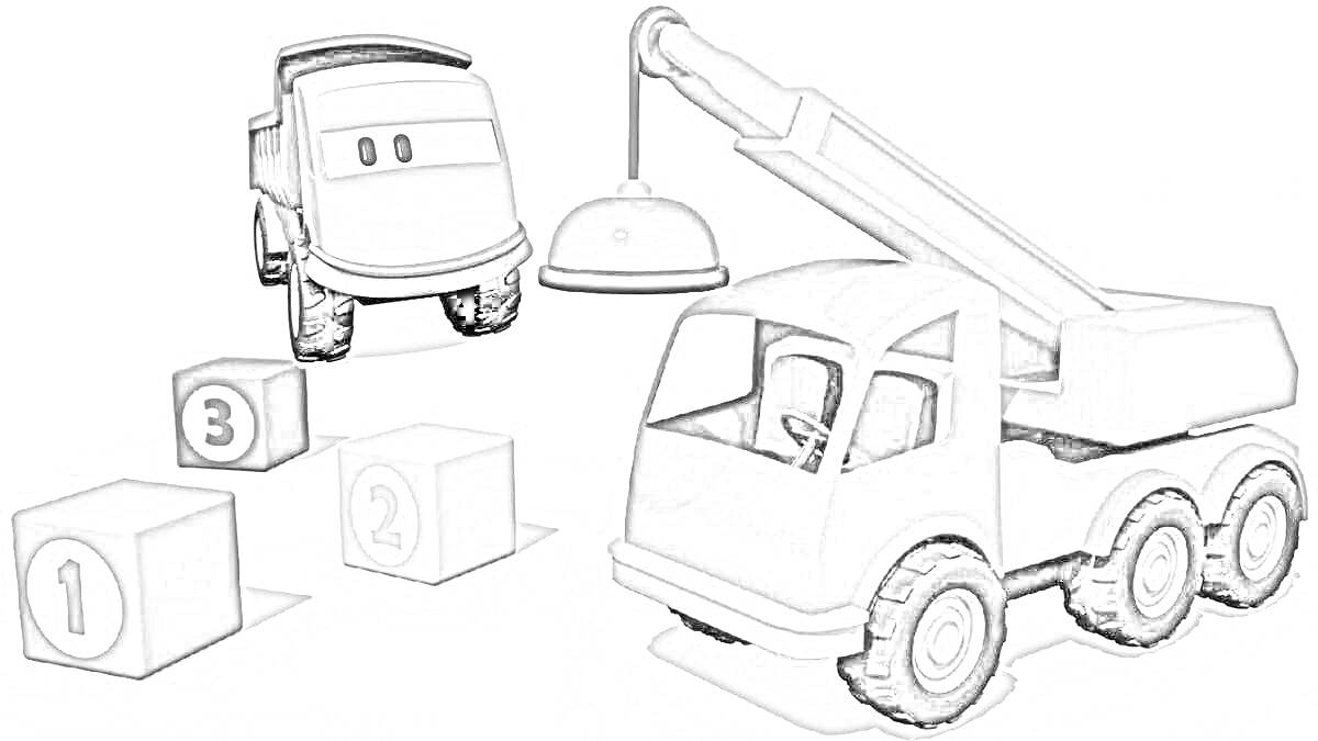 Раскраска Подъемный кран и бетономешалка с кубиками 1, 2, 3 из мультфильма