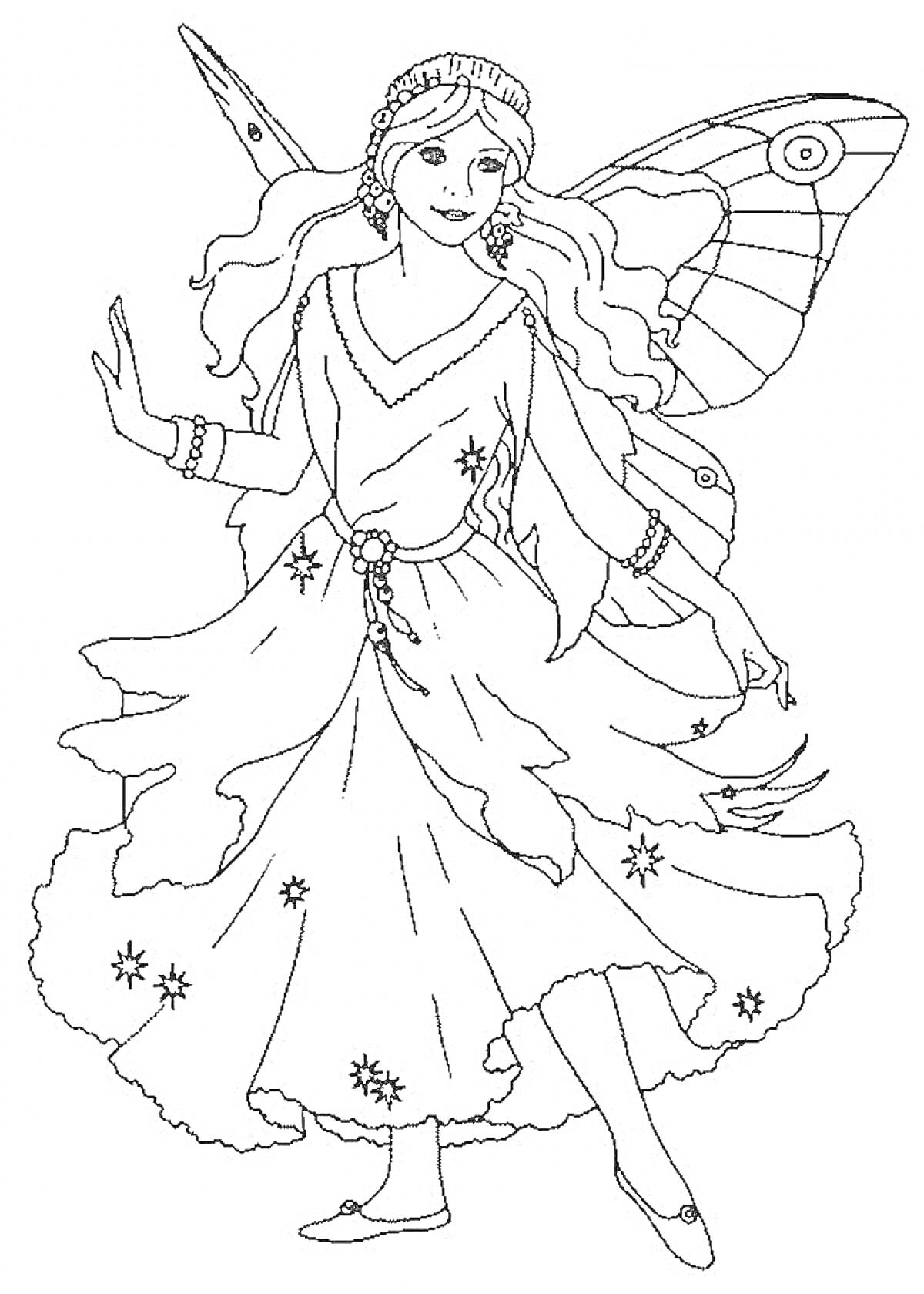Раскраска Эльфийка с крыльями и длинным платьем