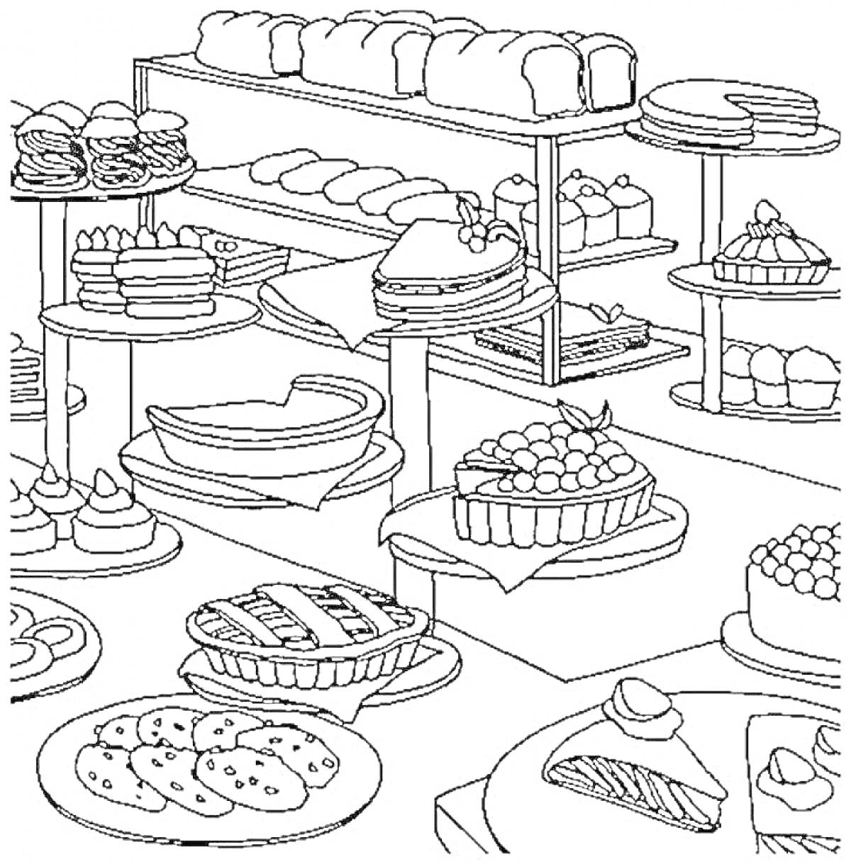 Раскраска Витрина кондитерской с разнообразными сладостями, включая печенье, пирожные, торты, пироги и булочки