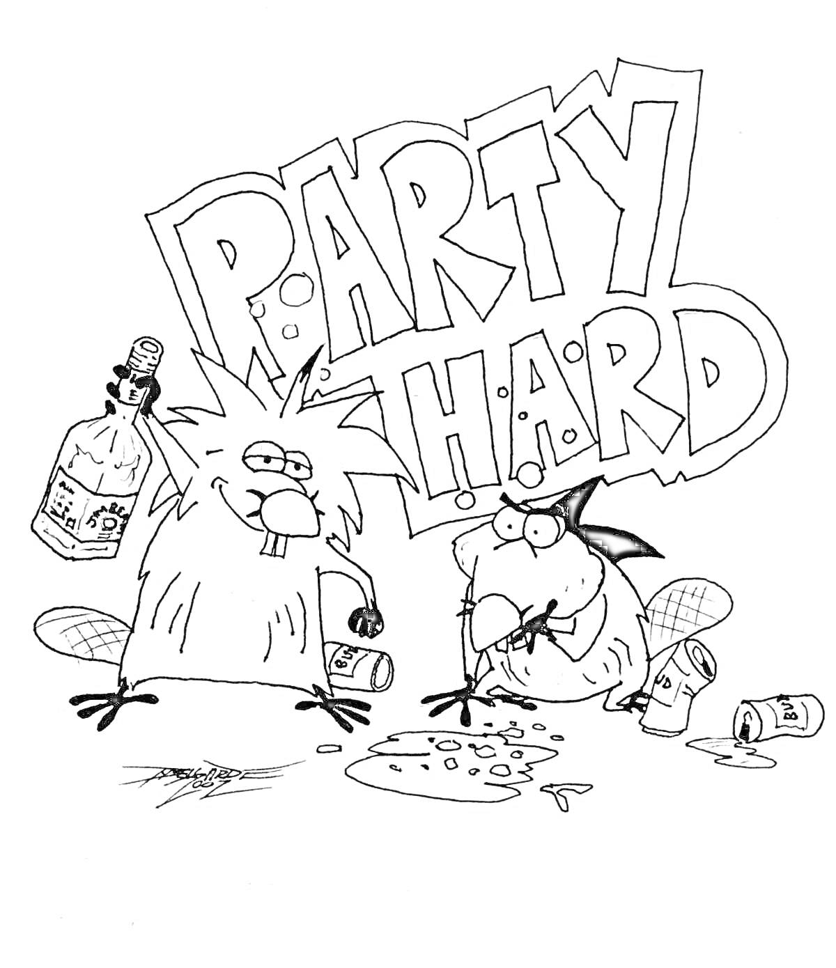 На раскраске изображено: Бобры, Вечеринка, Алкоголь