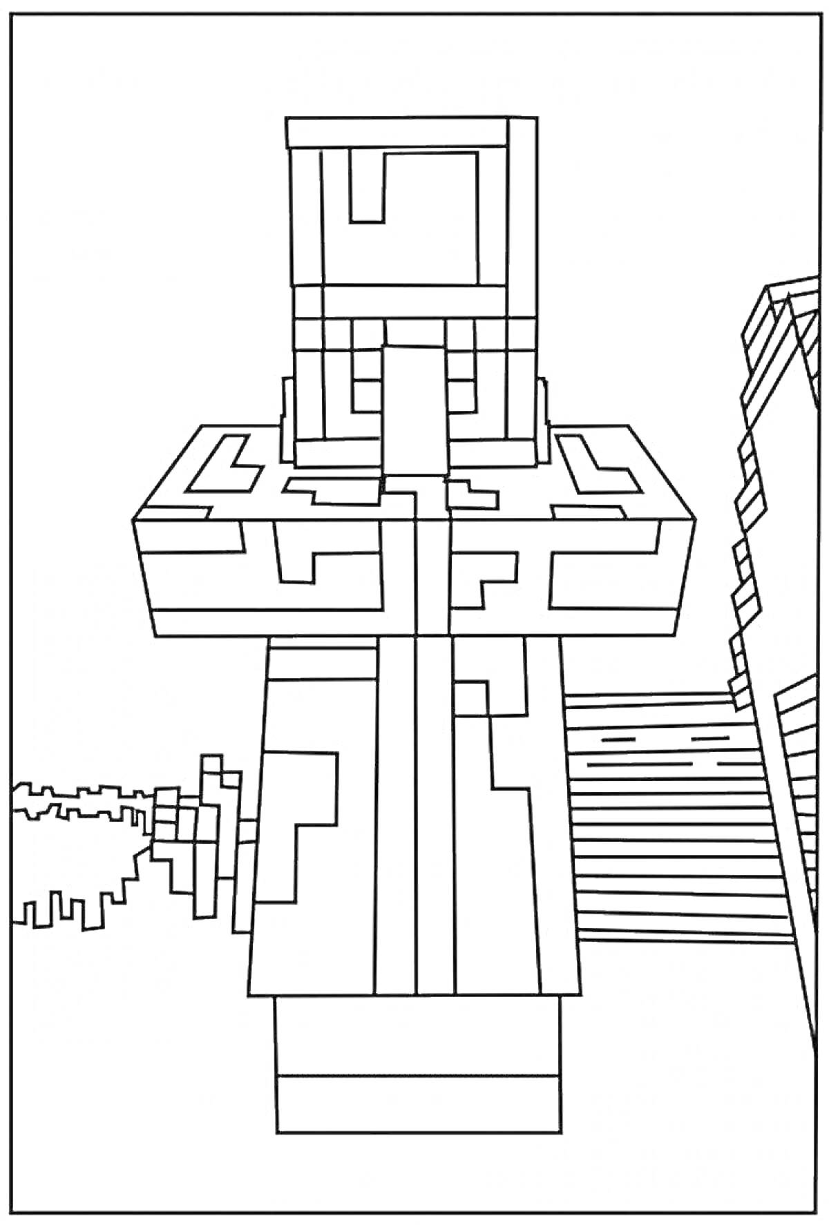 На раскраске изображено: Эндермен, Minecraft, Строение, Лестница, Деревья, Пиксельный стиль, Игра, Персонаж