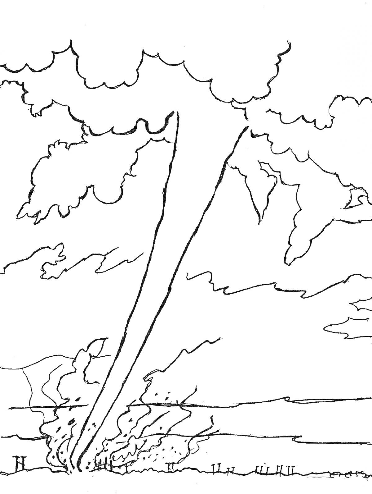 На раскраске изображено: Торнадо, Облака, Гроза, Поле, Ветер, Небо