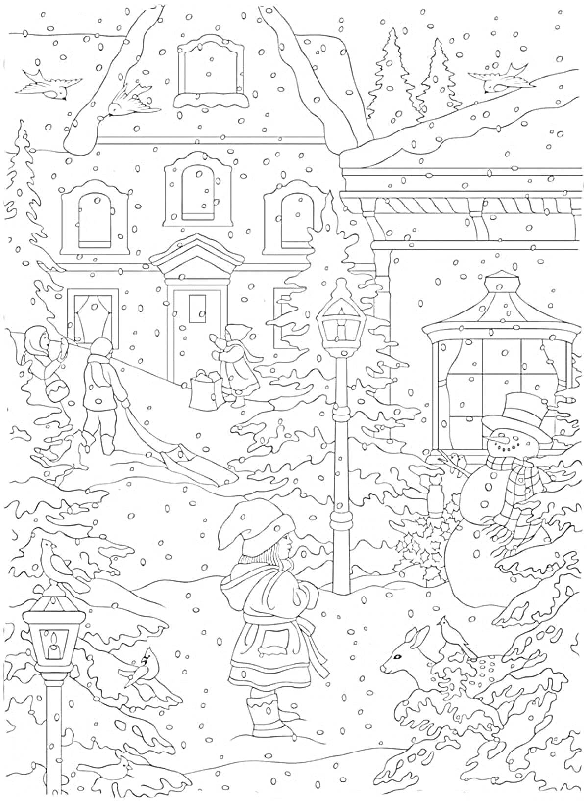 На раскраске изображено: Зима, Снег, Снегопад, Деревья, Фонари, Сугробы, Человек, Города, Снеговики