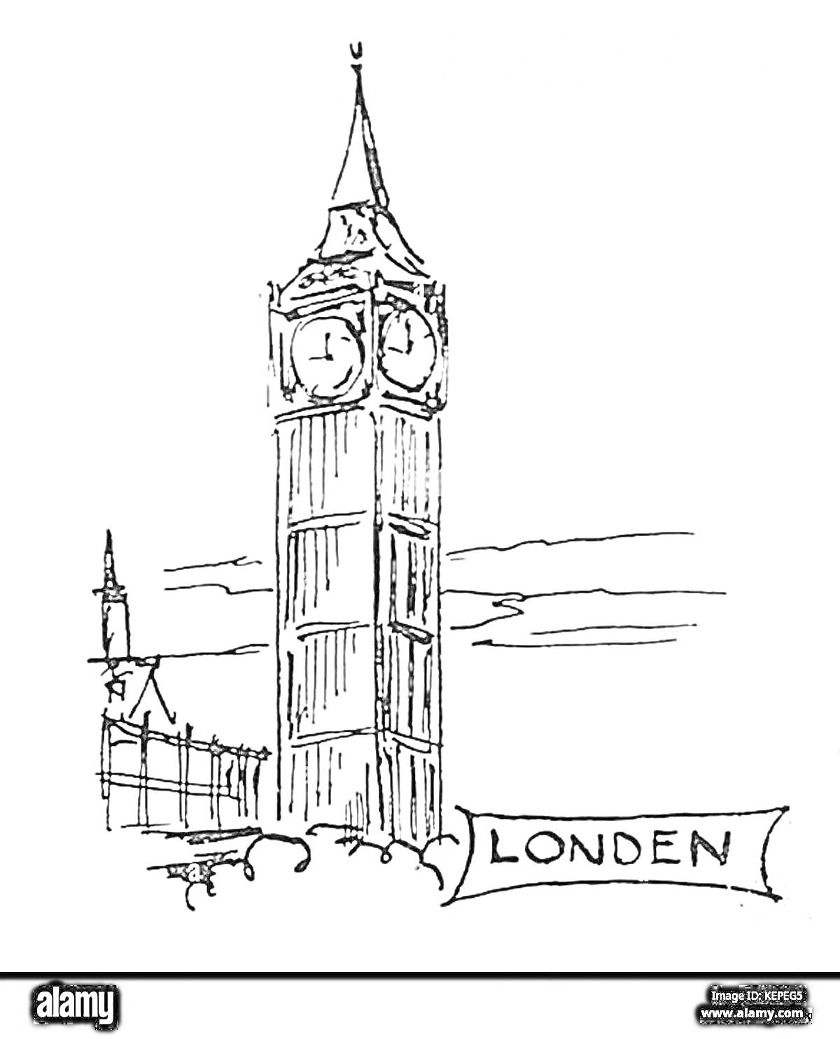 На раскраске изображено: Биг Бен, Лондон, Часы, Архитектура, Церковь, Облака, Путешествия, Великобритания