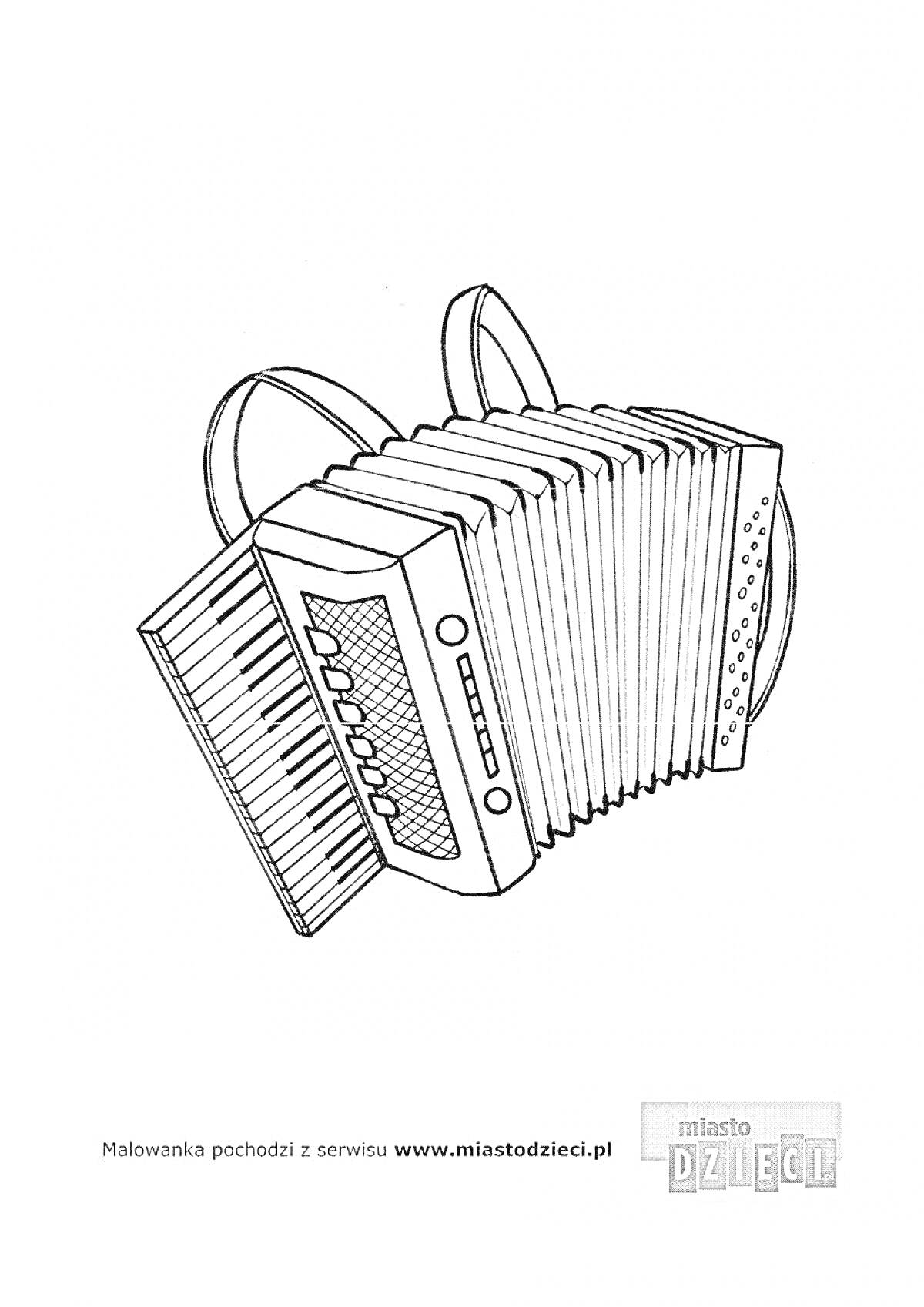 На раскраске изображено: Гармонь, Клавиши, Для детей, Инструмент, Музыкальные инструменты