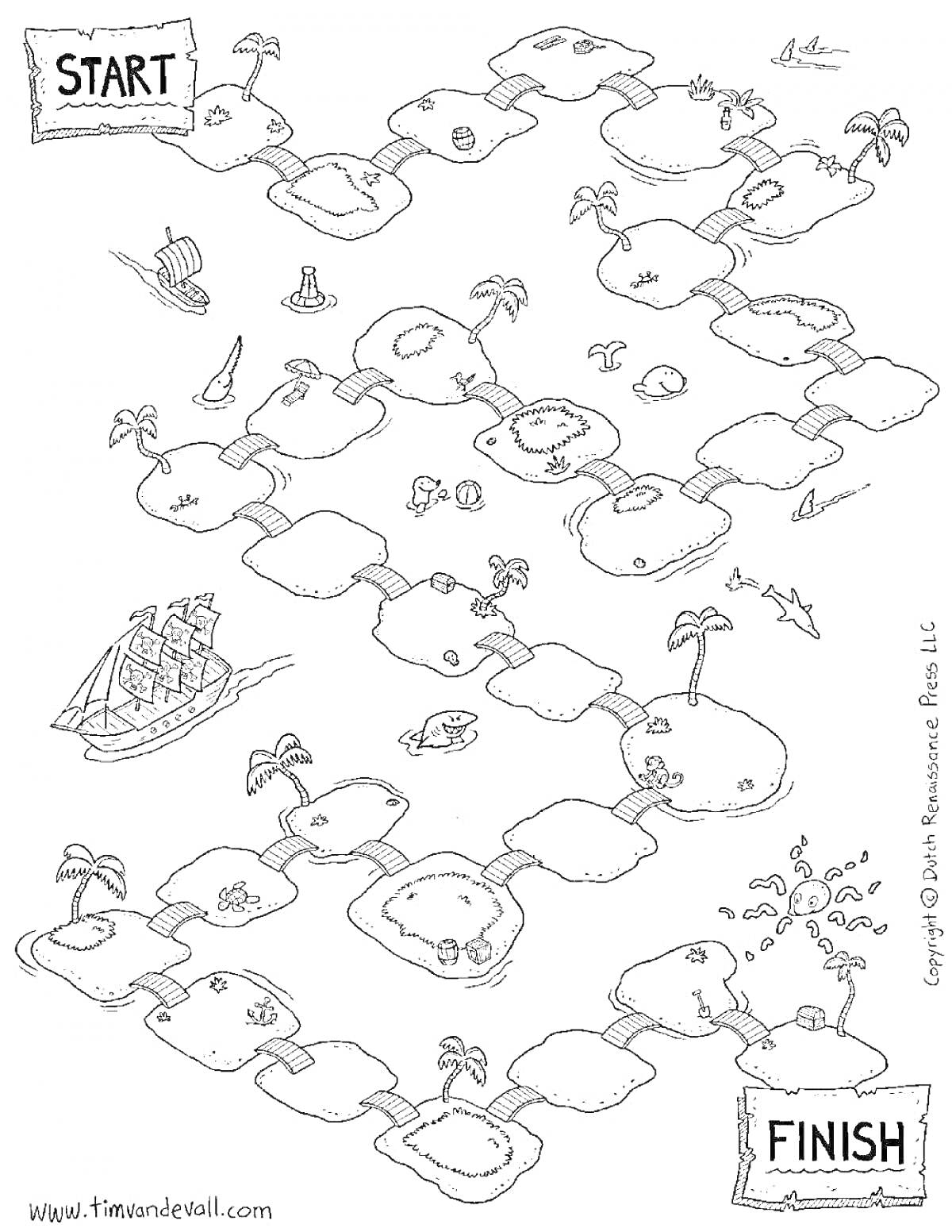 Раскраска Пиратская ходилка, дорожка из островков с пальмами, кораблями и морскими существами