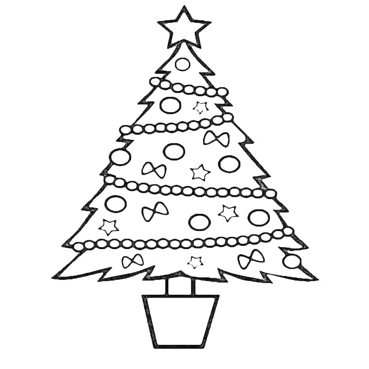 На раскраске изображено: Украшения, Новогодняя елка, Рождественская елка