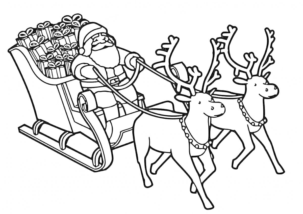 Раскраска Дед Мороз, сидящий в санях, запряженных двумя оленями с мешком подарков