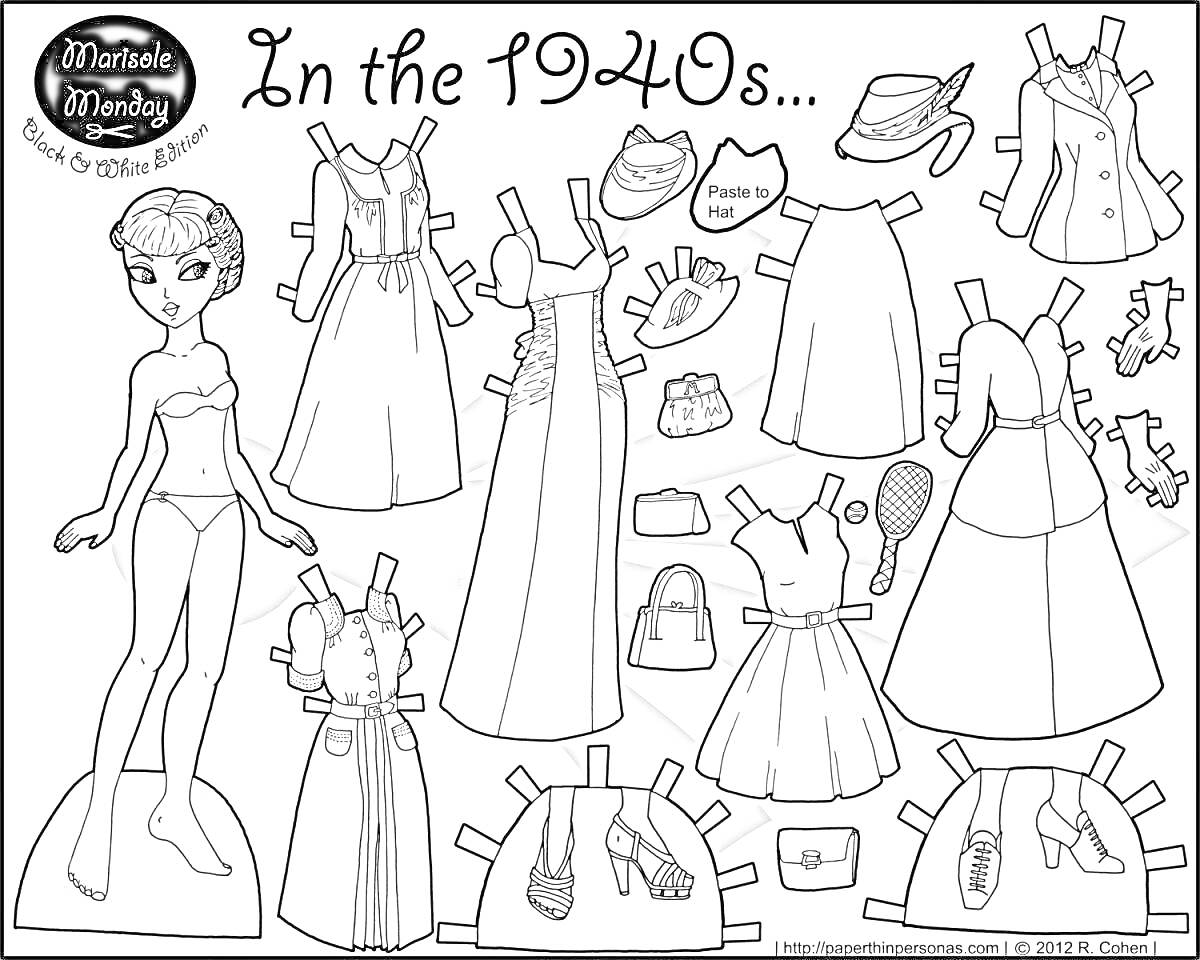 Кукла с одеждой для вырезания в стиле 1940-х годов: кукла, длинное платье с лямками, длинное платье с поясом и кружевом, блузка с юбкой, длинное пальто, короткое платье, жакет с юбкой, клатч, шляпа с лентой, шляпа с бантом, шляпа с цветами, пара перчаток,