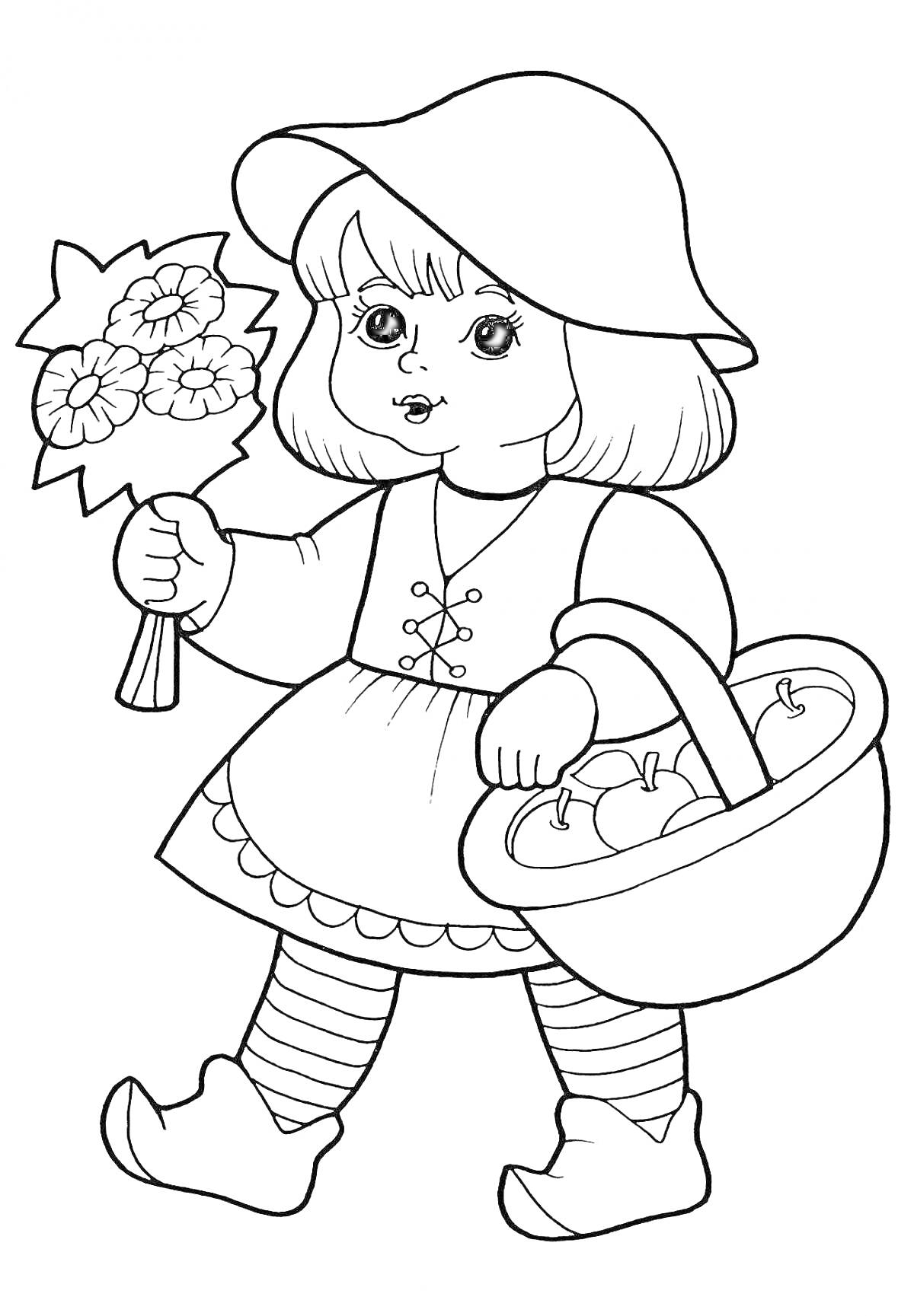 Раскраска Девочка в шляпе с цветами и корзиной яблок
