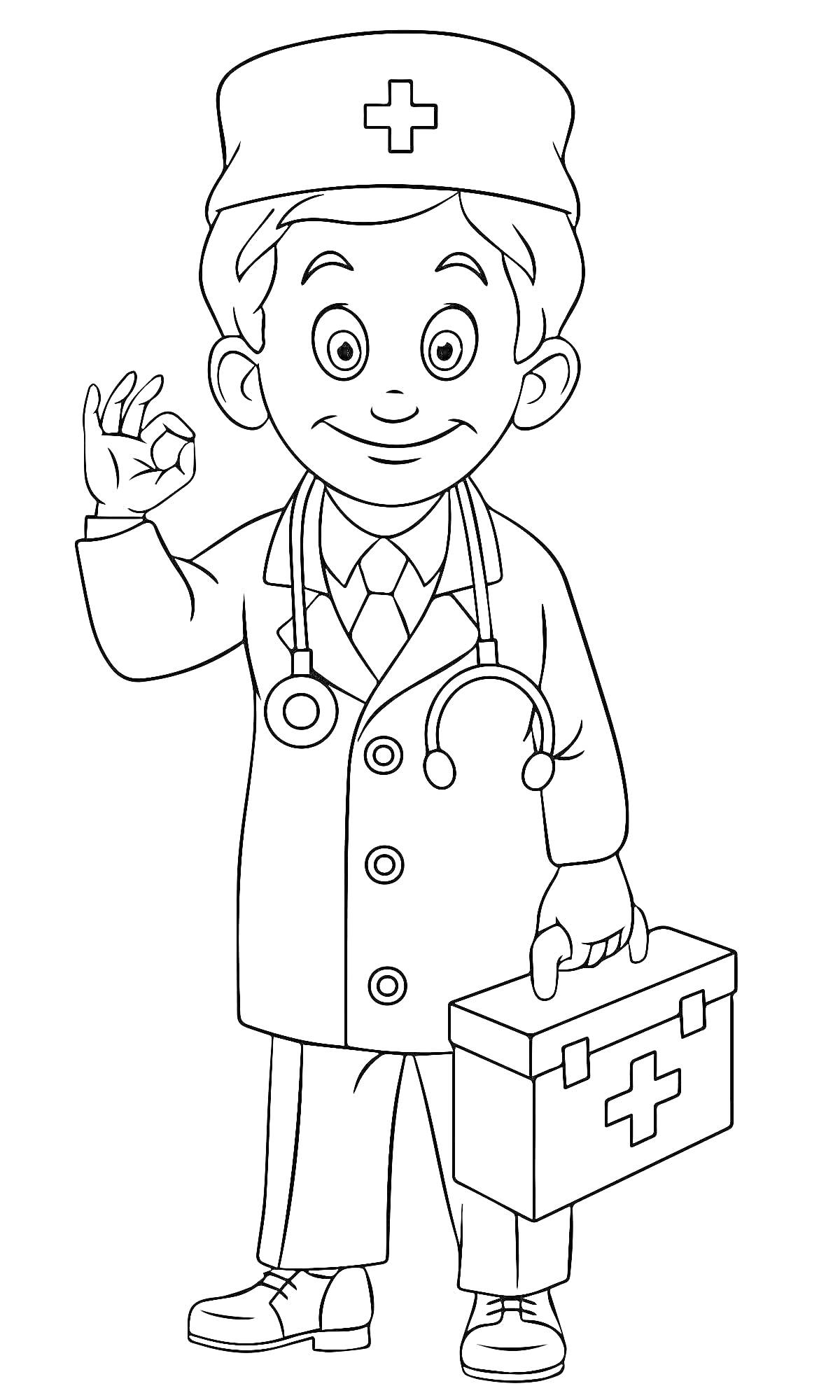 На раскраске изображено: Врач, Доктор, Стетоскоп, Медицина, Здоровье, Для детей
