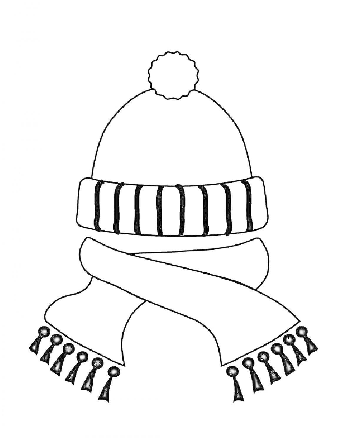 На раскраске изображено: Шапка, Зимняя шапка, Шарф, Кисточки, Зима, Теплый аксессуар