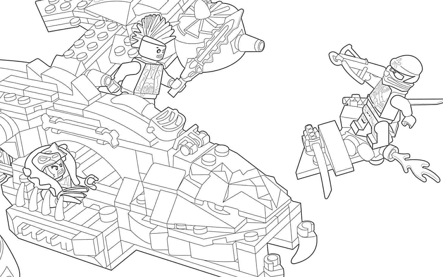 Раскраска Лего-сцена с вертолетом и двумя минифигурками, одна из которых находится в вертолете, а другая летит на ранце с огнем