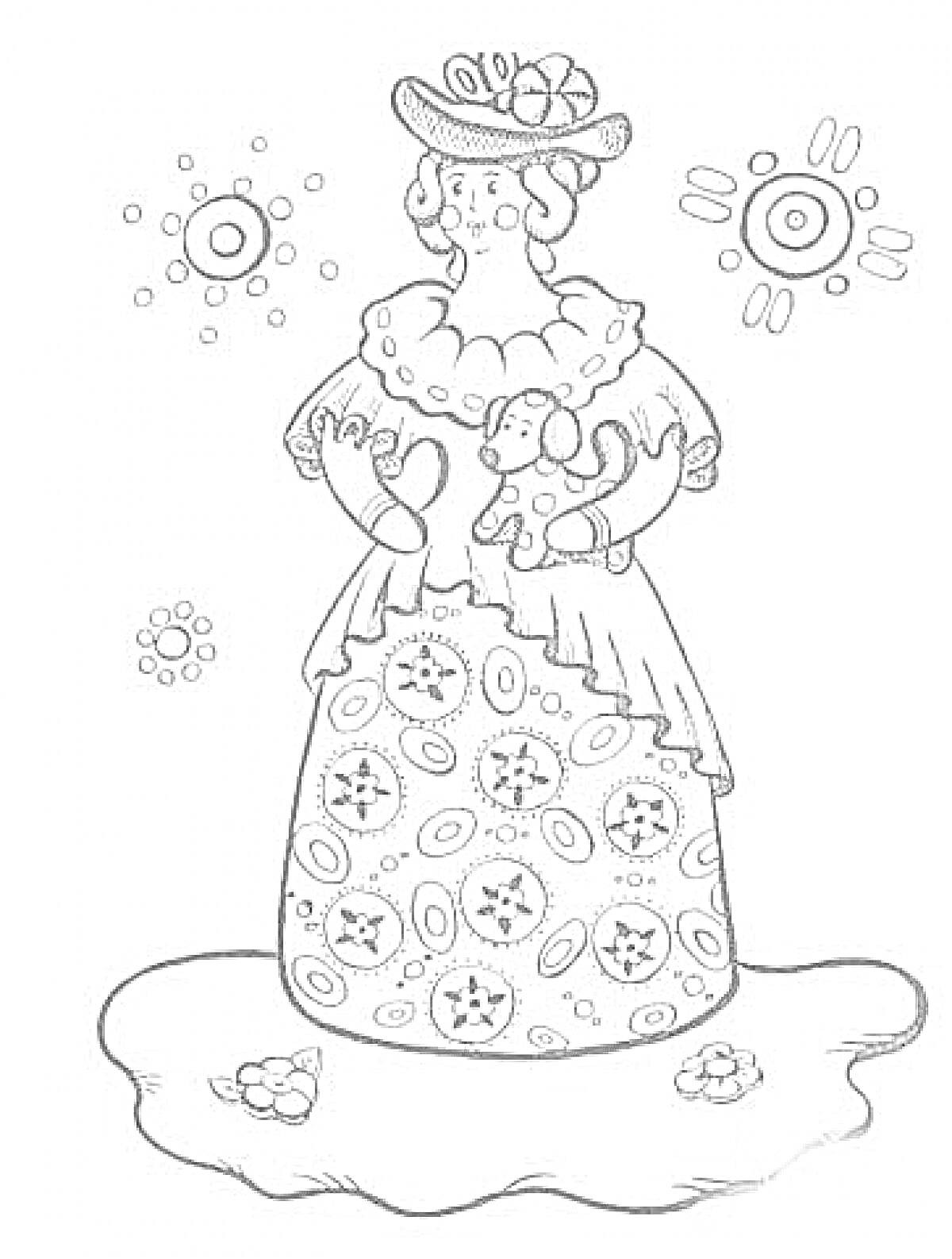 Раскраска Дымковская игрушка - Женщина в шляпе с цветами на подоле платья, элементами кругов и узором на фоне, стоящая на земле