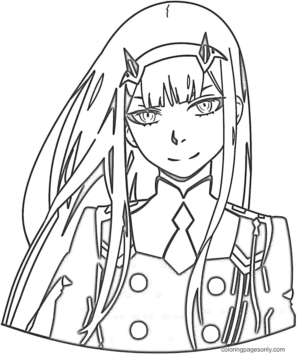 На раскраске изображено: Аниме, Длинные волосы, Униформа, Мода, Косички