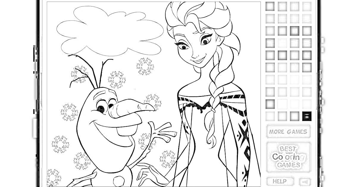 Раскраска Девушка с длинной косой и снеговик с языком в виде морковки на фоне снежинок и пузыря для текста