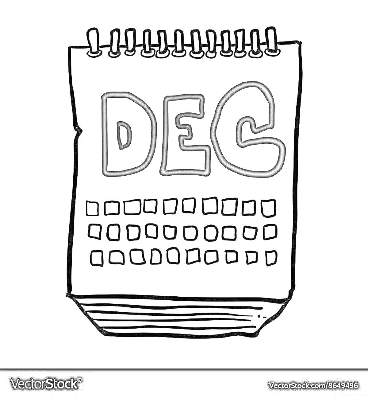 На раскраске изображено: Календарь, Декабрь, Месяц, Дни, Отрывной календарь, Спиральный переплет