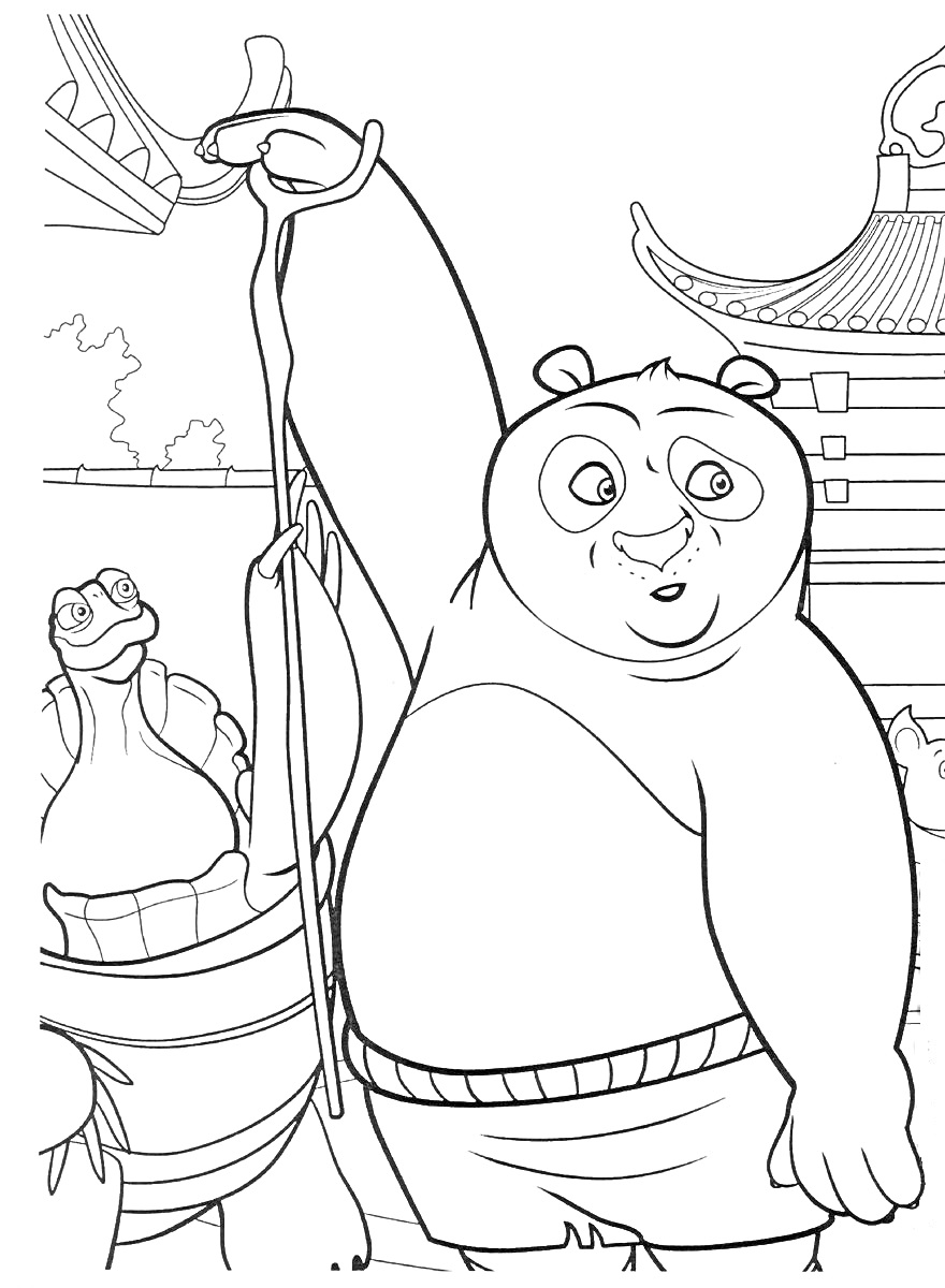 Раскраска Панда с посохом и черепаха в традиционной восточной архитектуре
