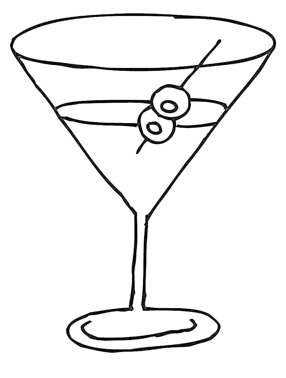 Раскраска Коктейль в бокале для мартини с оливками на шпажке