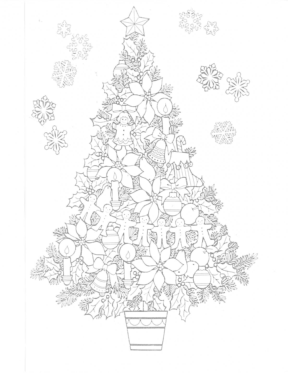 Раскраска Антистресс раскраска елка с игрушками, цветами пуансеттии, свечами и снежинками