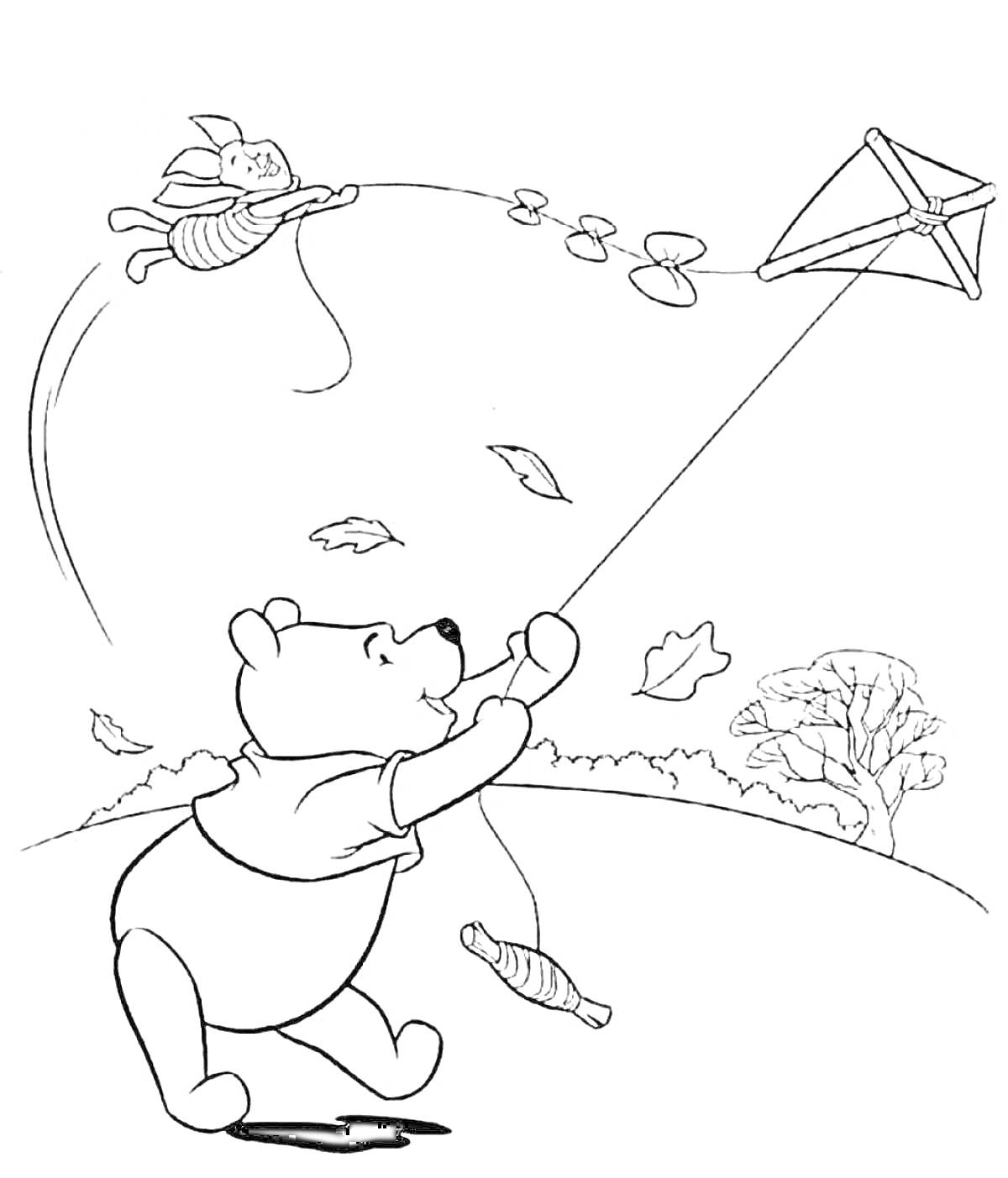 На раскраске изображено: Медведь, Воздушный змей, Листья, Лето, Ветер, Природа