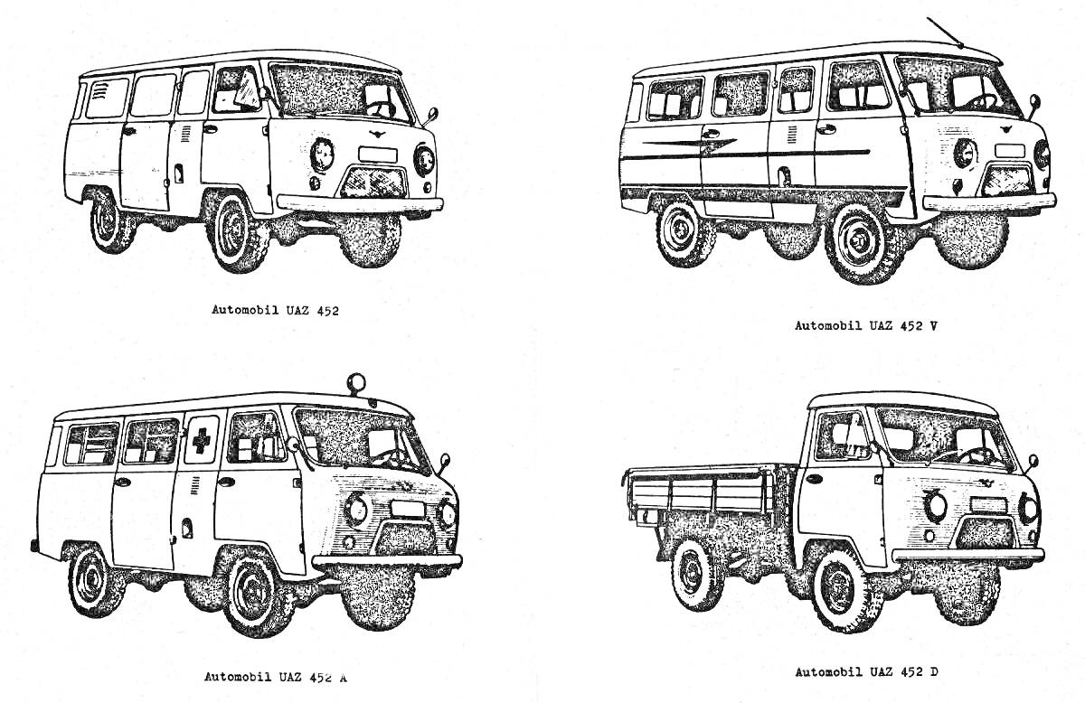 Раскраска Раскраска: четыре модели автомобиля УАЗ
