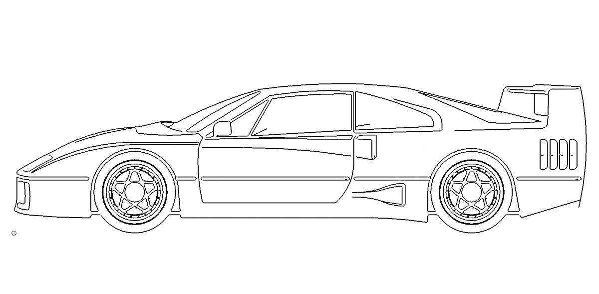 Раскраска Раскраска автомобиля Ferrari F40 с видимыми элементами кузова, колесами и спойлером