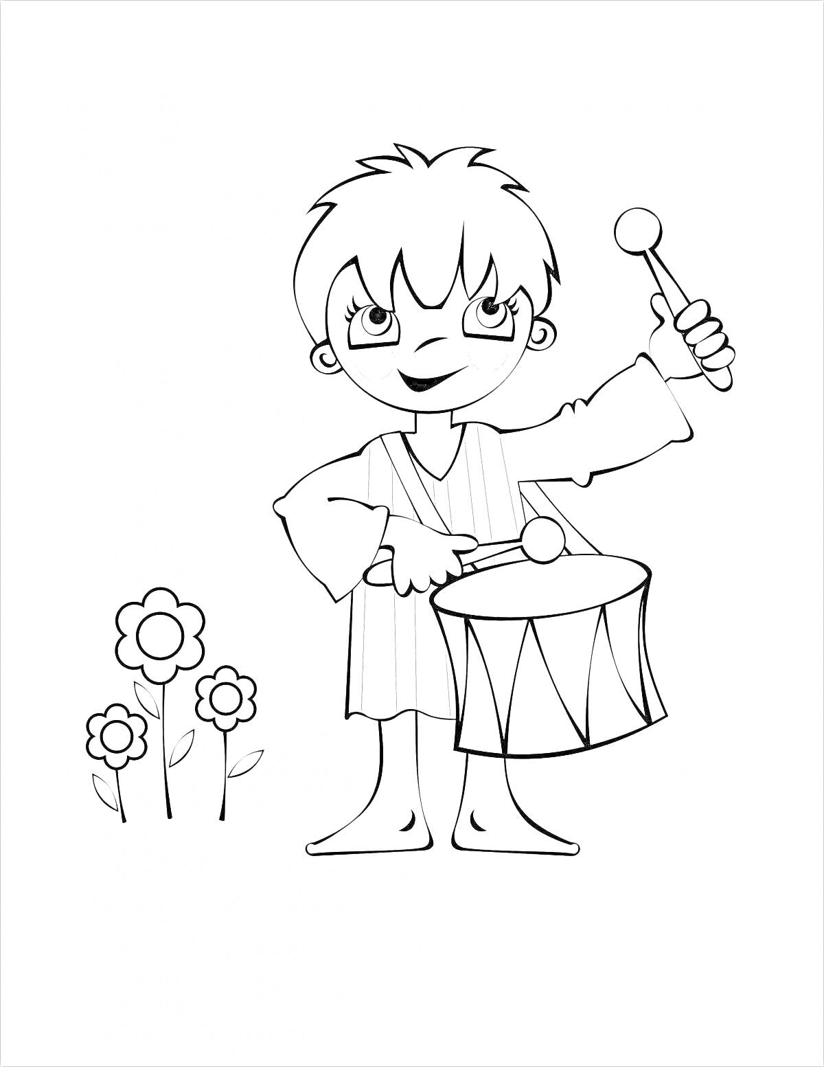 На раскраске изображено: Мальчик, Барабан, Цветы, Игра, Музыкальные инструменты