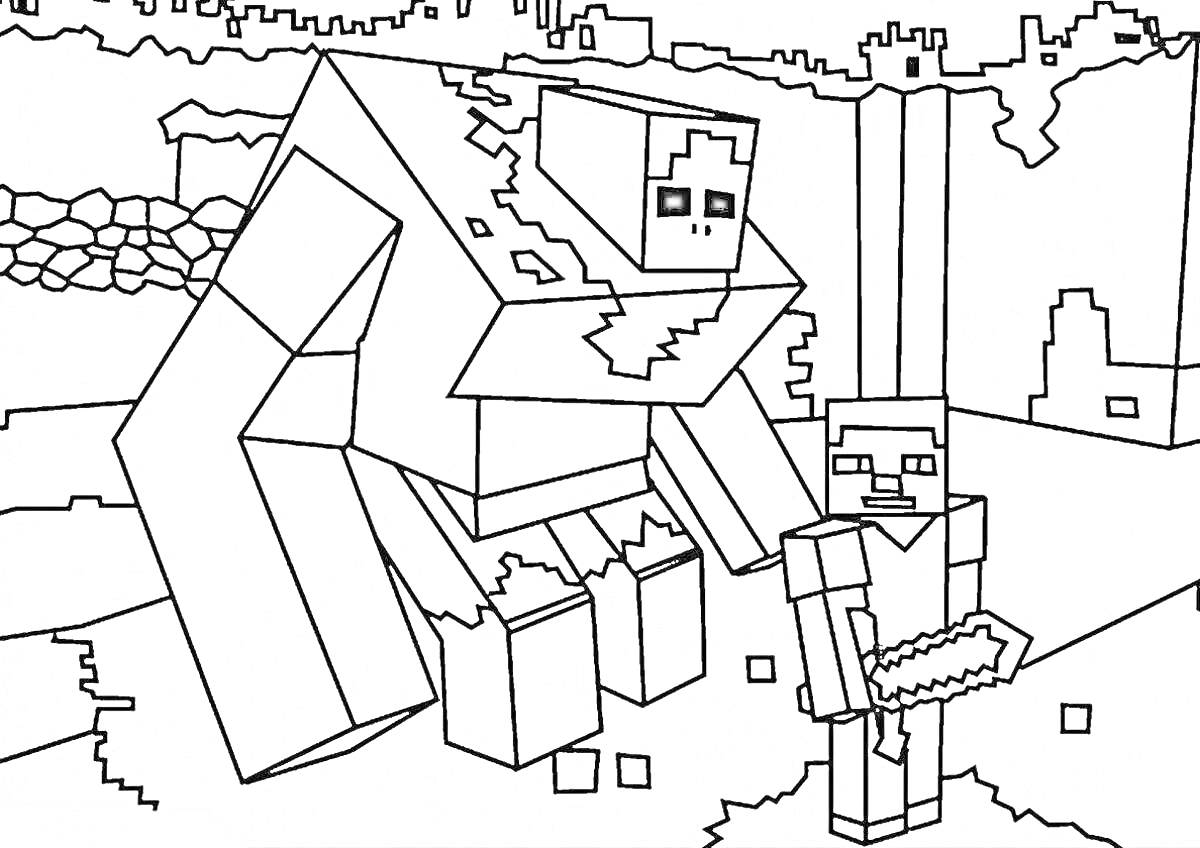Раскраска Голем и персонаж с мечом из Майнкрафта