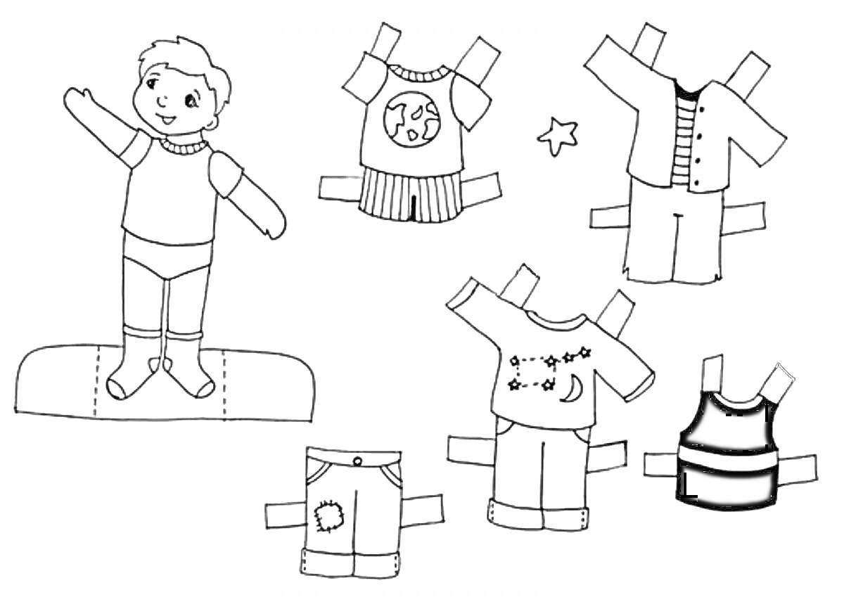 На раскраске изображено: Бумажная кукла, Шорты, Кофта, Брюки, Майка, Детское творчество, Одежда для детей