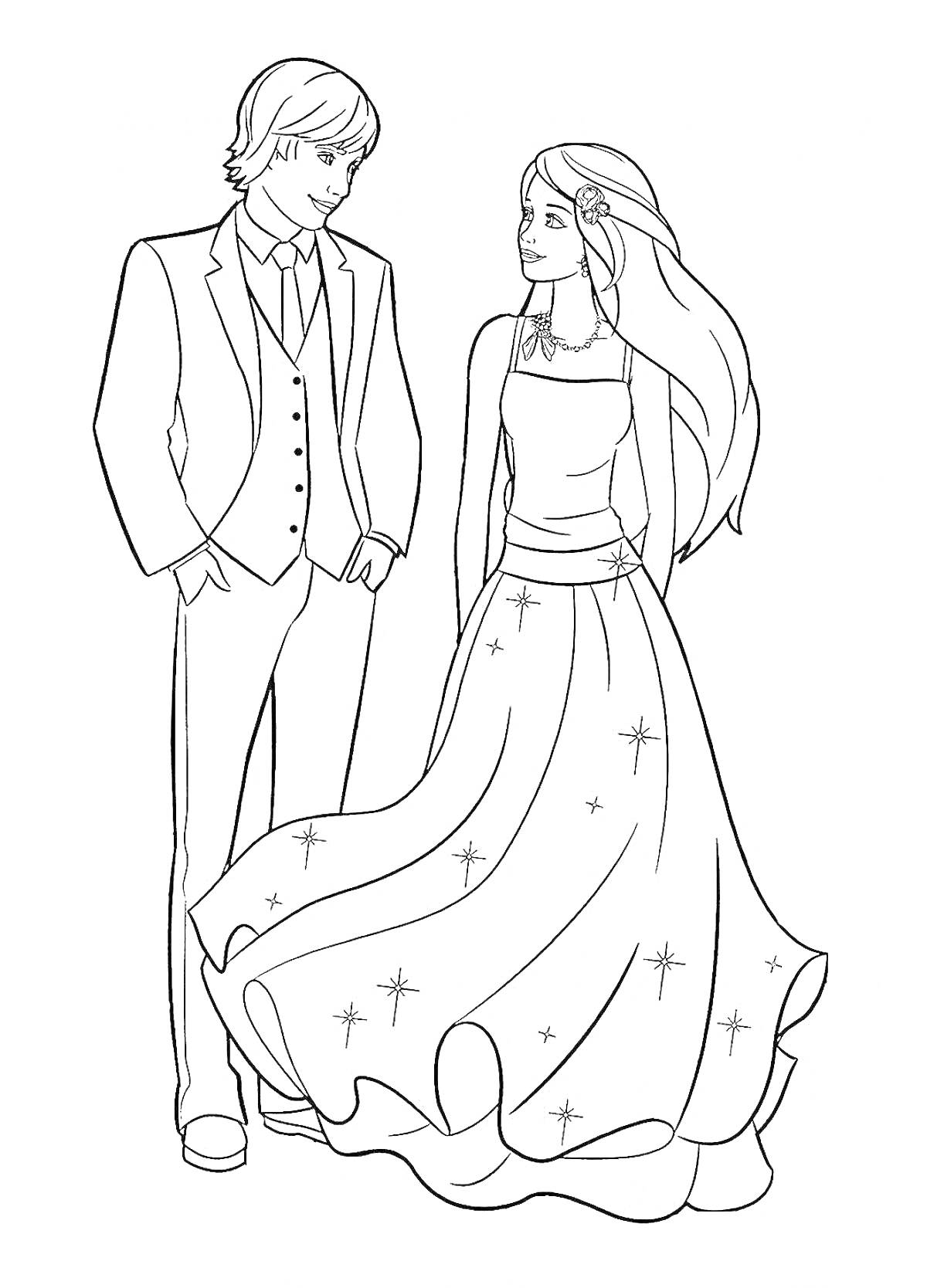 Раскраска Жена и муж в нарядной одежде: муж в костюме, жена в платье