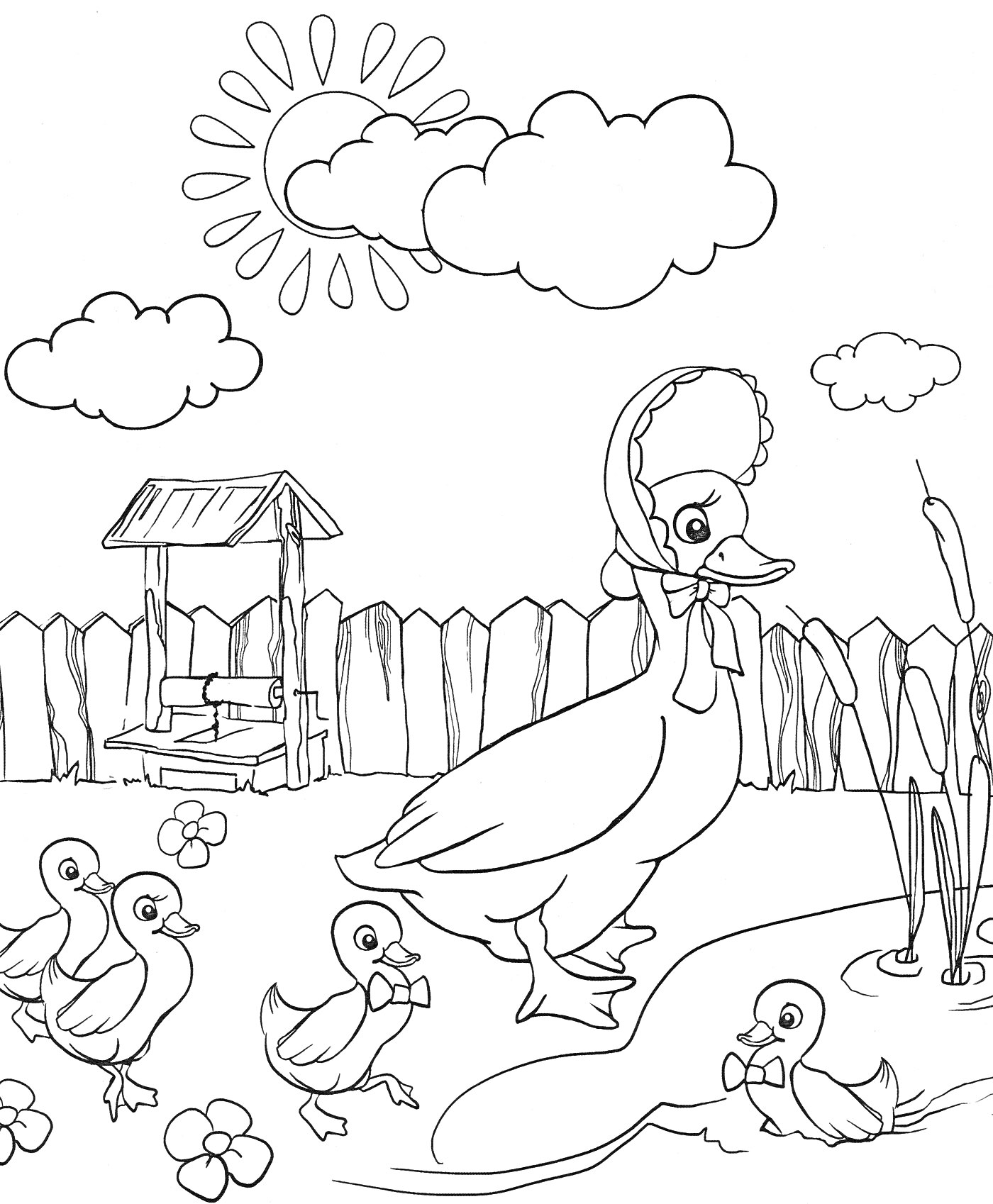 Раскраска Утка с утятами у пруда с домиком и забором на заднем плане