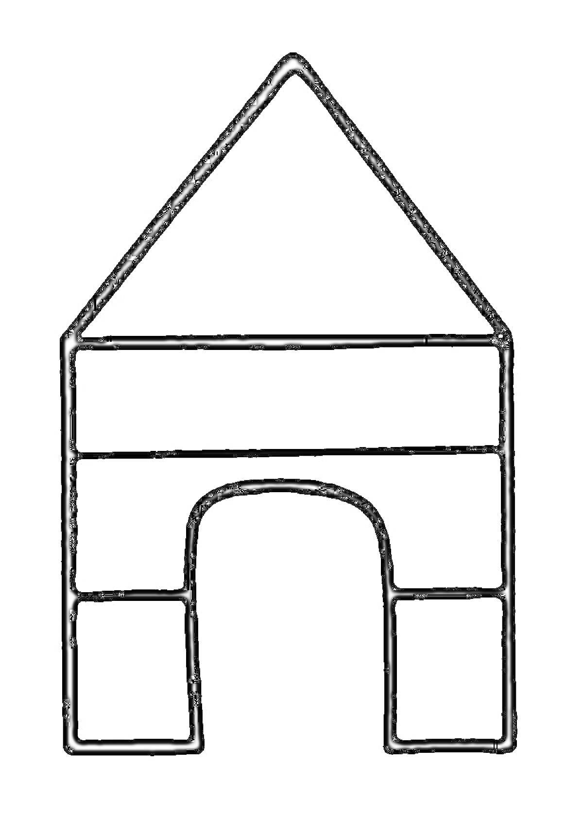 Раскраска домик с треугольной крышей и арочным входом