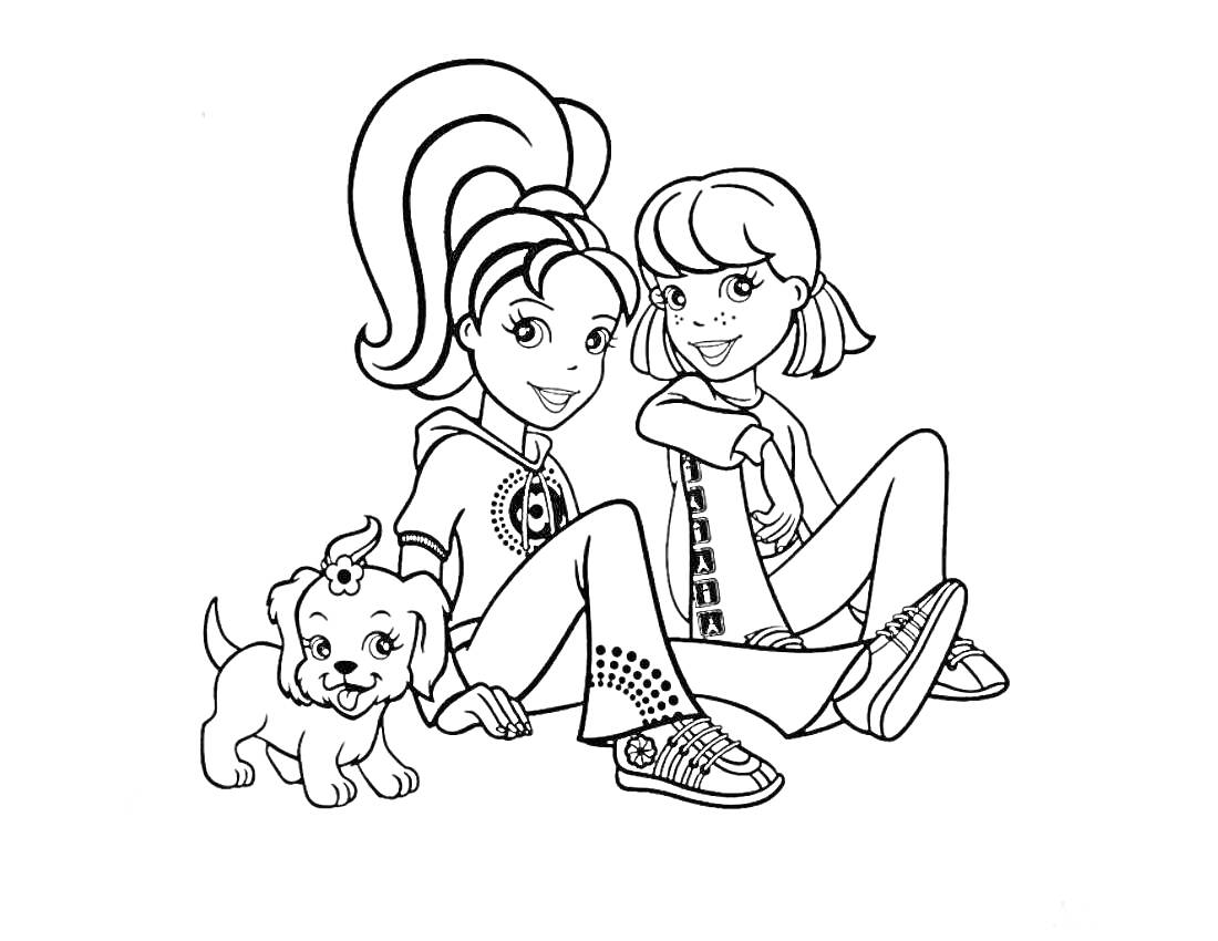 Раскраска Полли Покет и подруга, сидящие на полу с собакой
