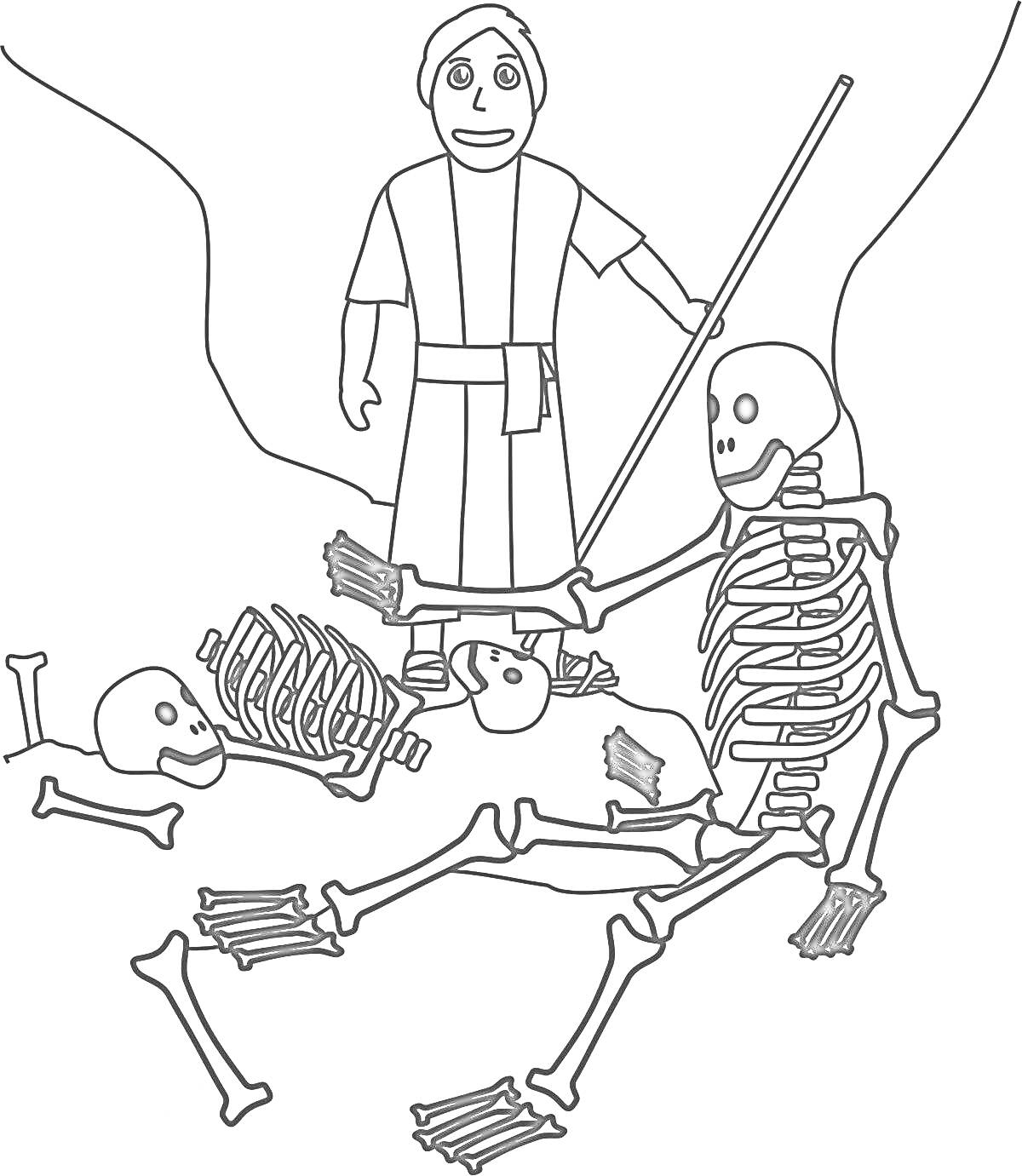 Раскраска Человек с посохом и три скелета на земле