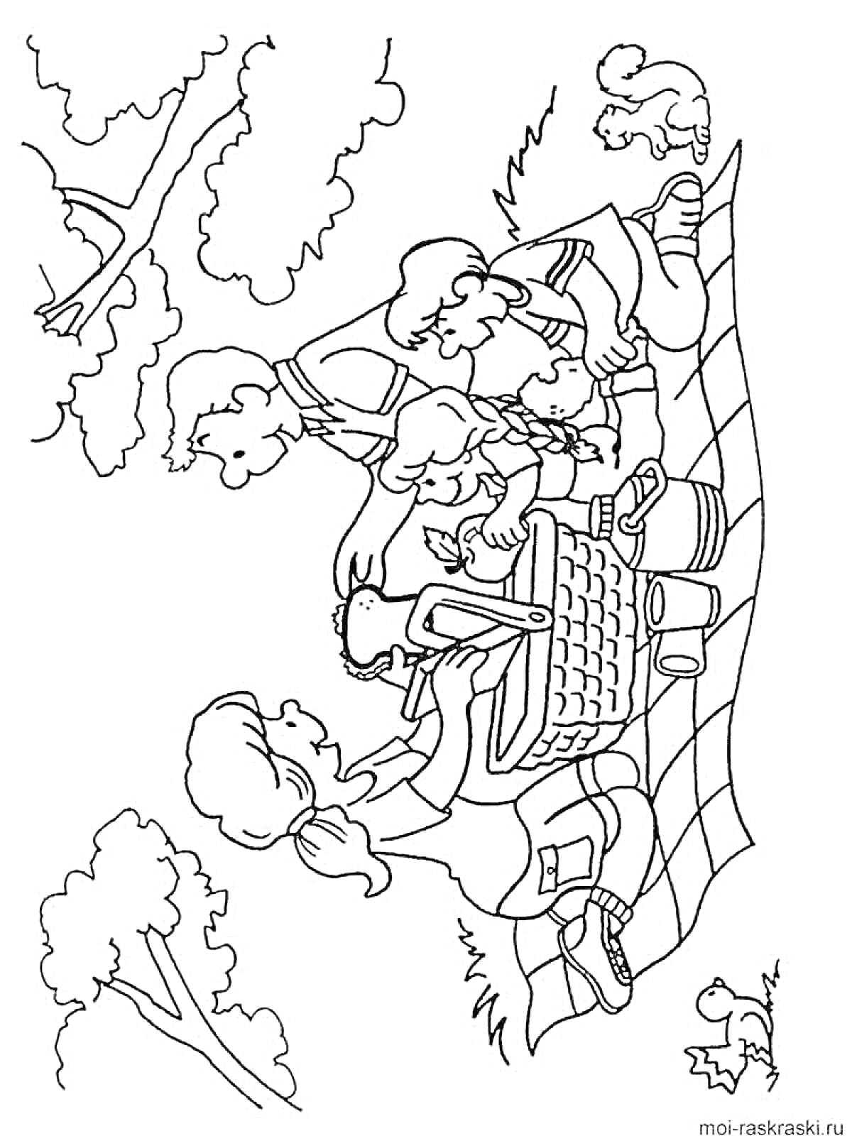 Раскраска Семейный пикник на природе с корзиной для пикника, двумя взрослыми, двумя детьми, собакой и уткой