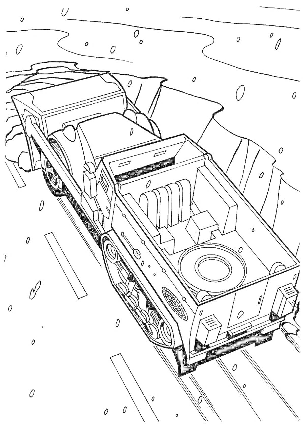 Раскраска Внедорожник на треке, камни, следы шин, снежинки