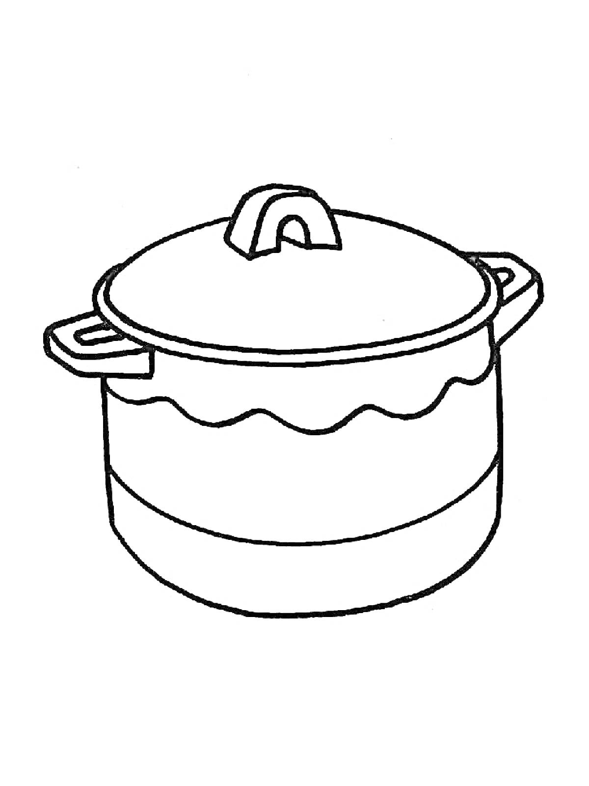 На раскраске изображено: Крышка, Посуда, Кулинария, Кухня, Готовка, Ручка, Кастрюли