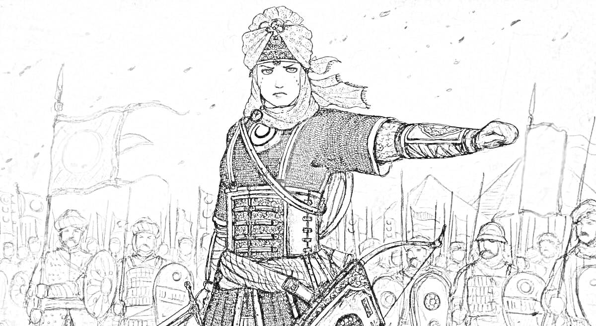 На раскраске изображено: Боевой наряд, Воин, Битва, Средневековье, Исторический костюм