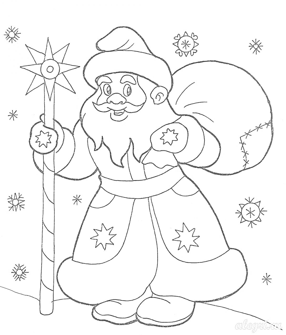 На раскраске изображено: Дед Мороз, Снежинки, Новый год, Зима, Мешок с подарками, Посохи, Праздники