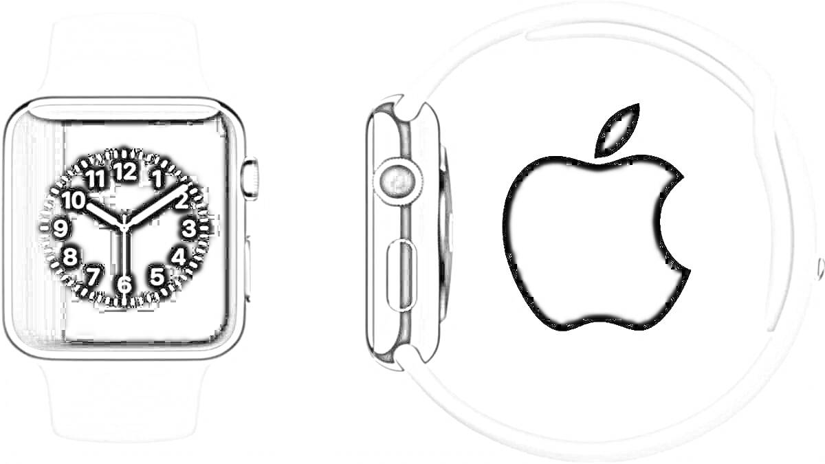 На раскраске изображено: Наручные часы, Логотип Apple, Цифры, Стрелки