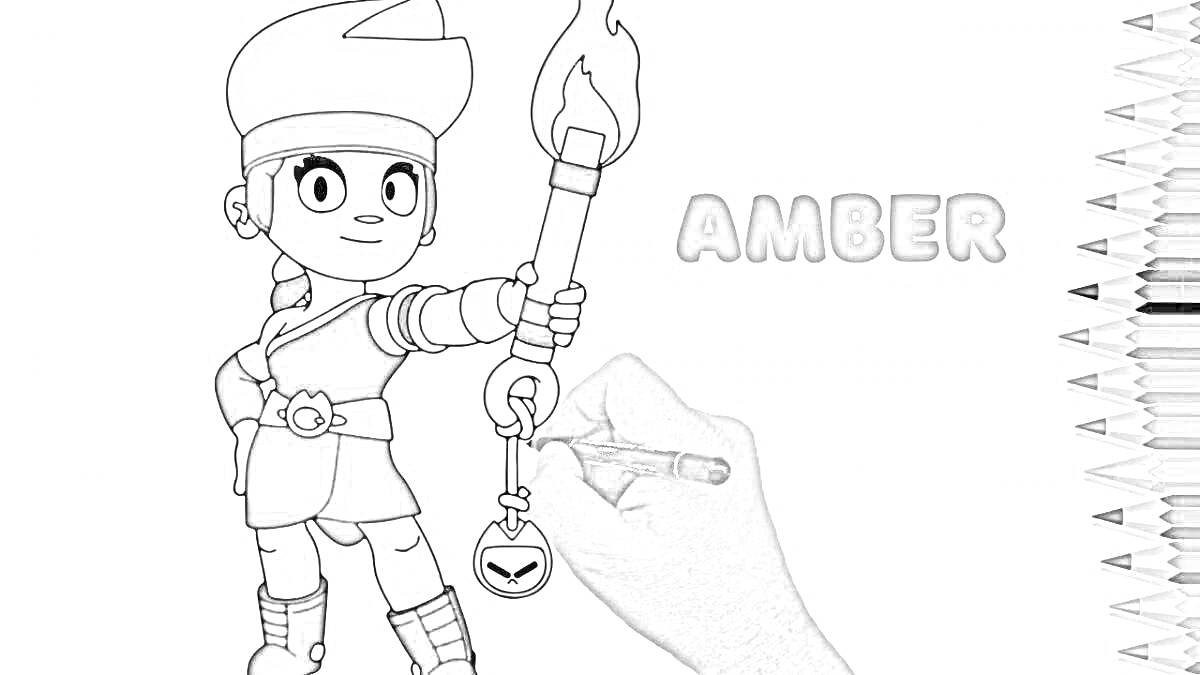 Девочка в шлеме с факелом в правой руке и кулоном с эмблемой в левой, слово 