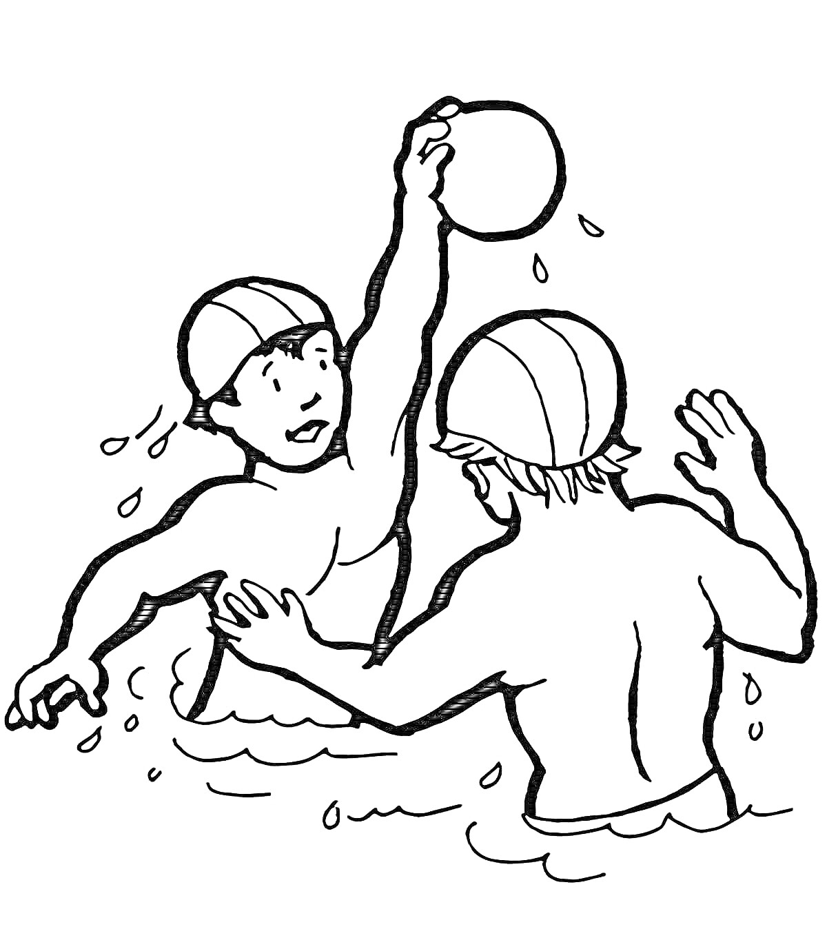 Раскраска Два человека в бассейне, играющие в водное поло (один человек держит мяч в поднятой руке, оба в купальных шапках, на фоне вода)