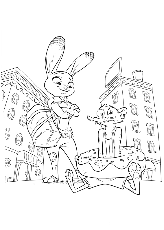 Раскраска Кролик и лиса с пончиком на фоне городских зданий
