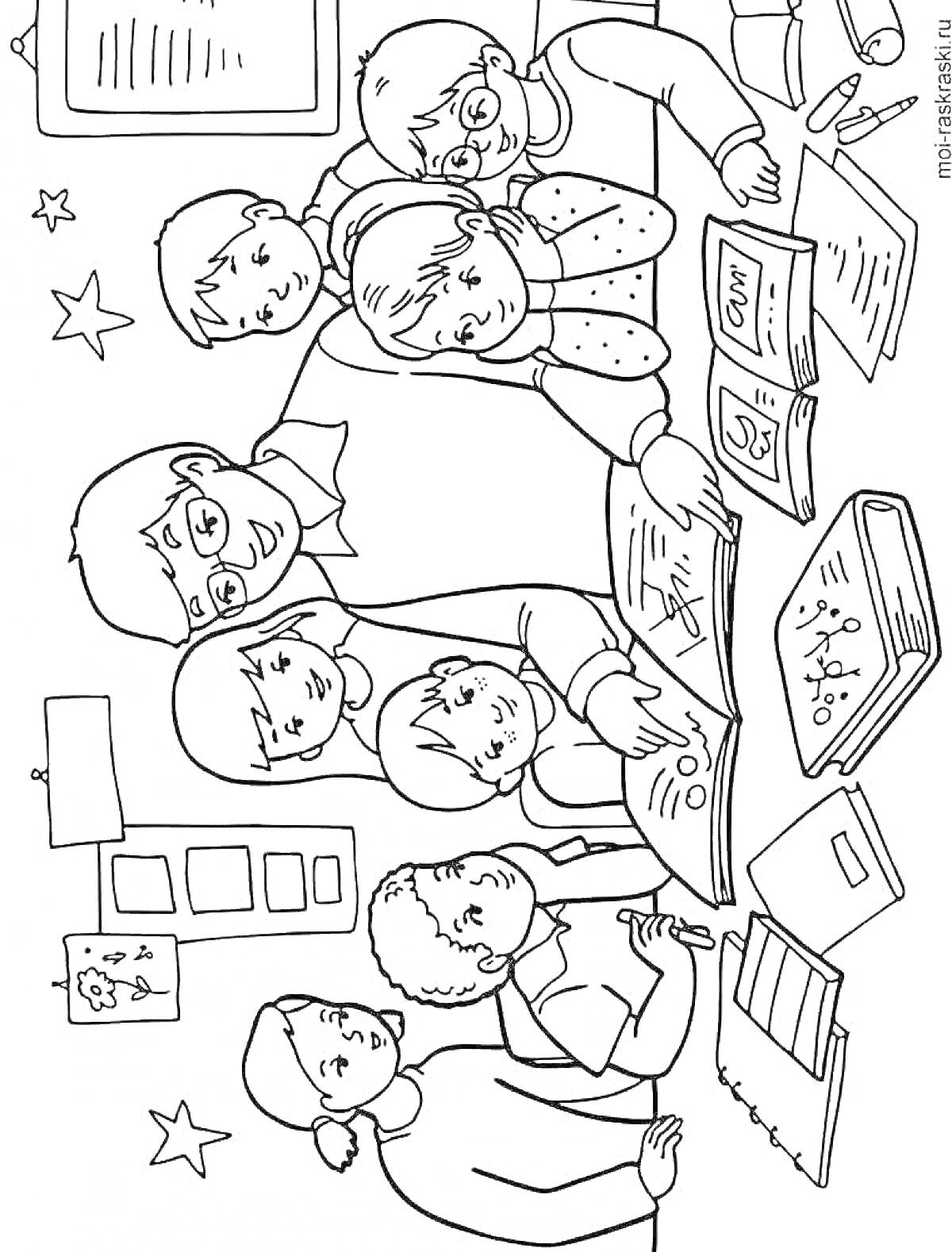 На раскраске изображено: Учитель, Ученики, Школа, Обучение, Письменный стол, Звезды, Блокнот, Плакат, Чтение
