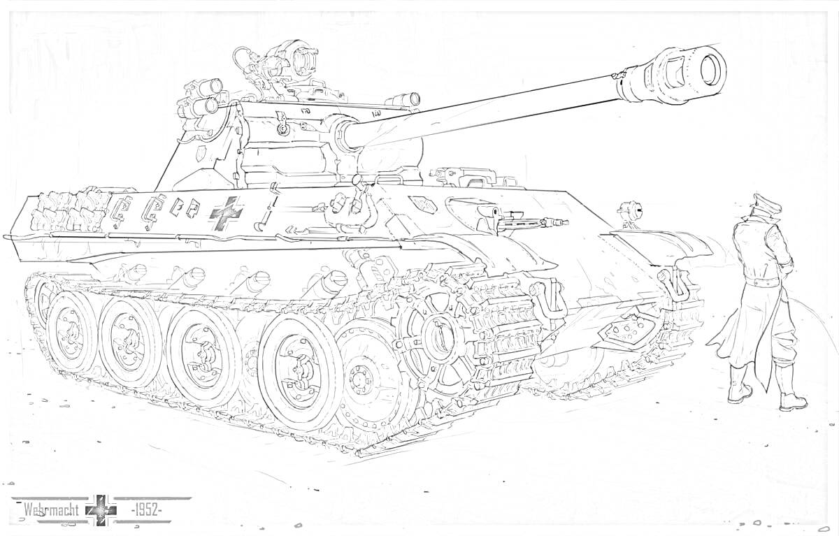 На раскраске изображено: Танк, Солдат, Военная техника, Гусеницы, Артиллерийское орудие