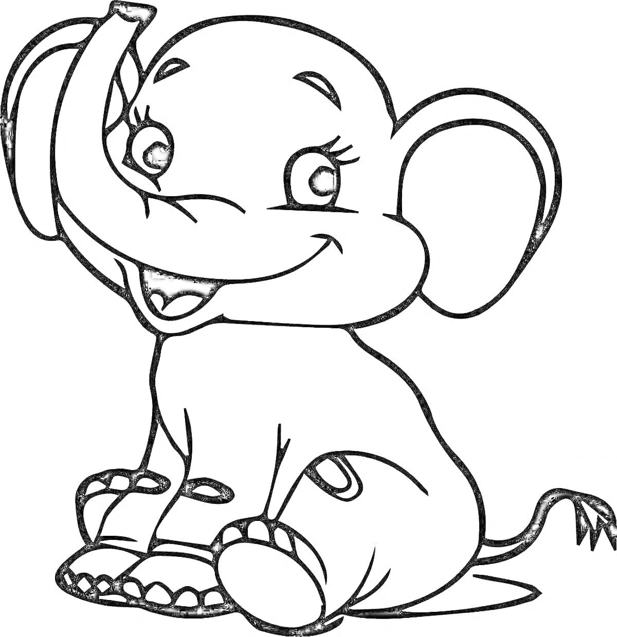 Раскраска Маленький улыбающийся слоник с поднятым хоботом, сидящий на траве